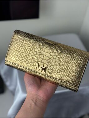 Michael Kors Gold Embossed MK Lock Flap Clutch Wallet